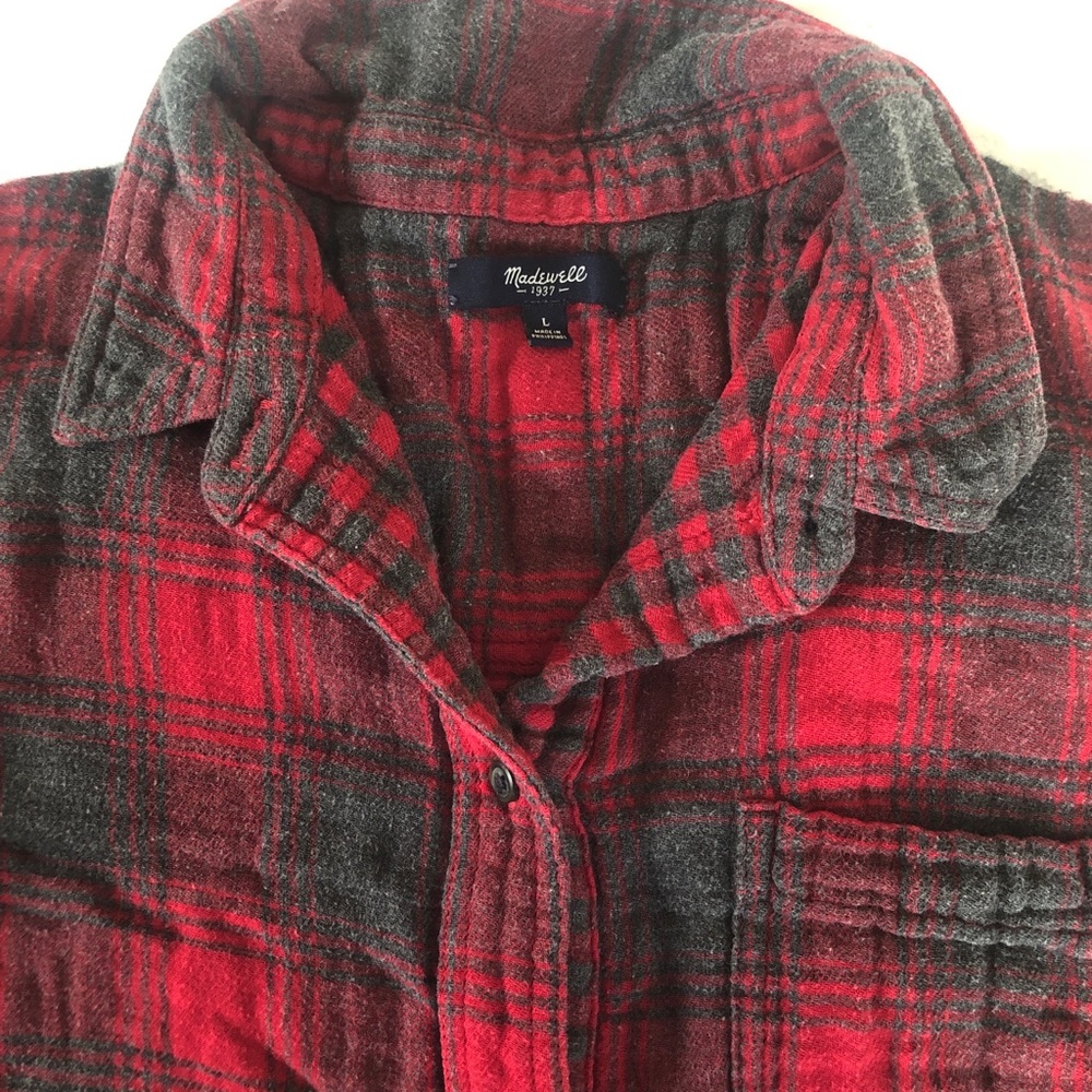 Madewell. Buffalo plaid, flannel shirt, red and gray.